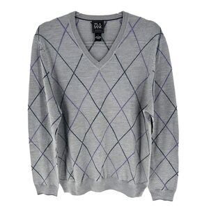 Jos A Bank Sweater Mens Large Gray Merino Wool V Neck Pullover Traveler Preppy